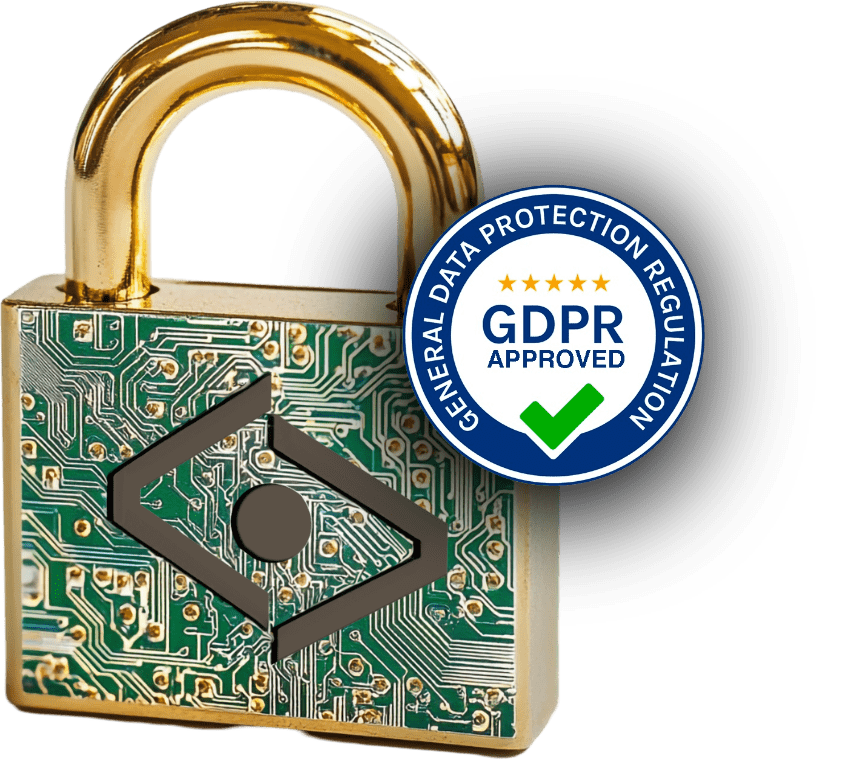 Aiclo padlock on a circuit board with GDPR Approved certification
